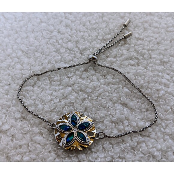 Dainty Silvertone Abalone Sand Dollar Bolo Bracelet - Picture 2 of 9